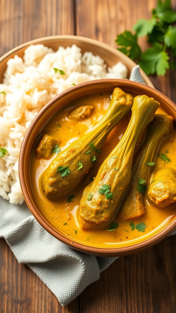 A bowl of moringa drumsticks curry with coconut sauce and coriander, served with rice.